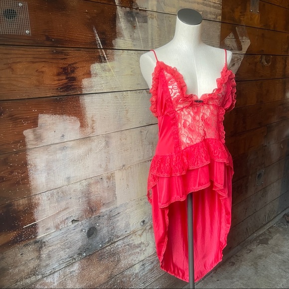 Vintage Stroke of Midnight Red Lace Lingerie Slip Spaghetti Strap High Low Skirt - Picture 2 of 9